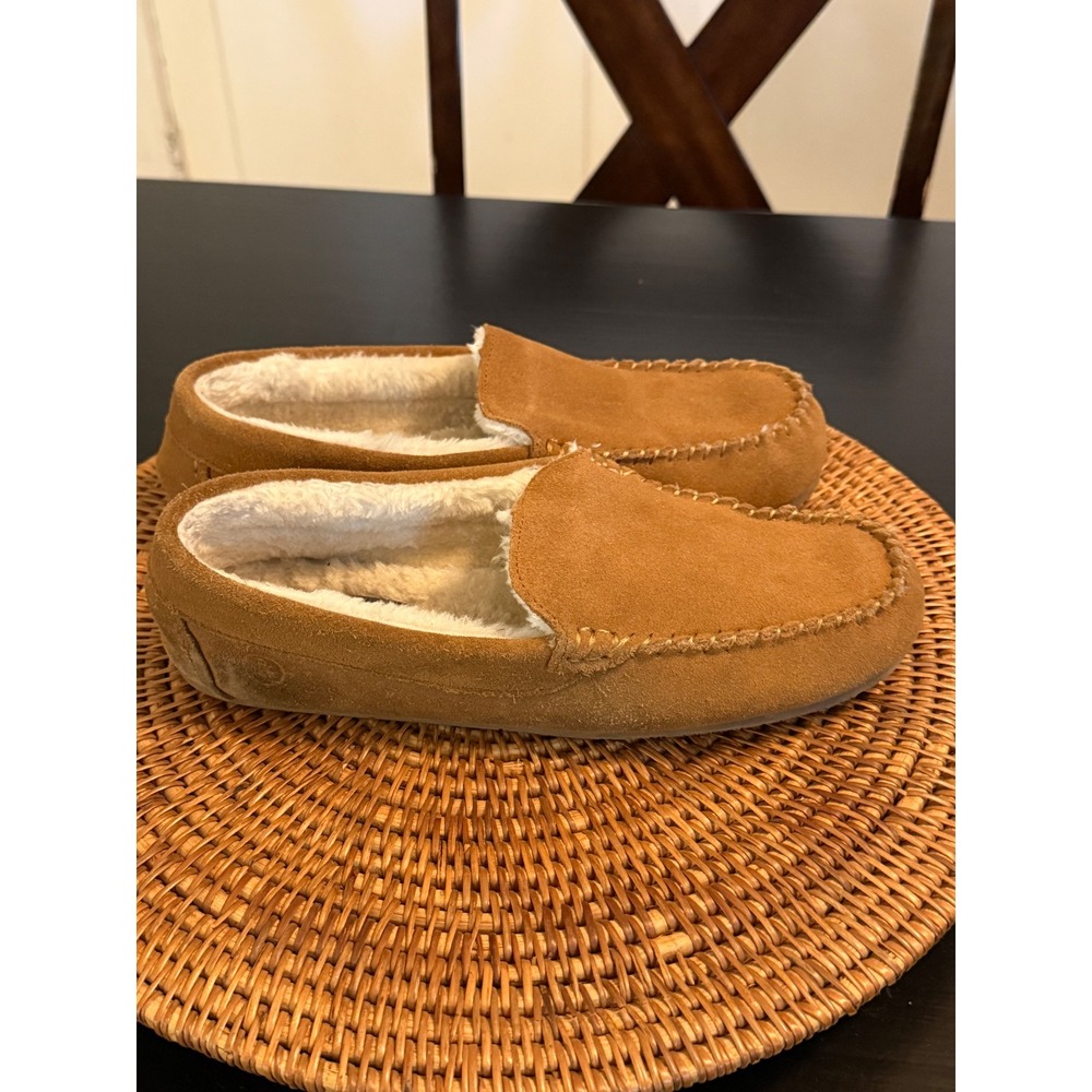 Lands End Womens‎ Suede Moccasin Slippers Tan Brown Faux Fur Lined Loafers